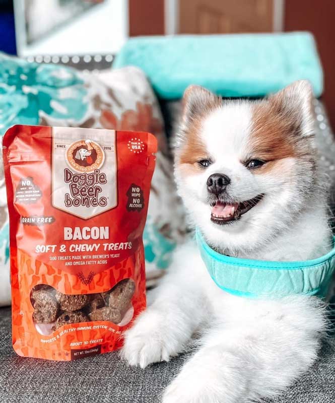 Happy pup and our CBD Bacon dog treats.